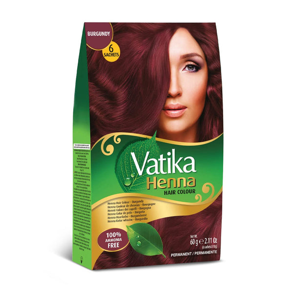 Vatika Naturals Permanent Hair Dye Burgundy, 100% Grey Coverage, Ammonia-Free, 6 Sachets (10g each)