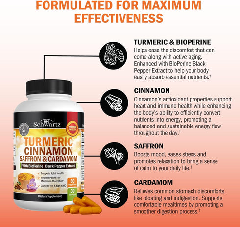 Turmeric Supplement with Saffron, Cinnamon & Cardamom - 60 Capsules, Natural Tumeric Curcumin Joint Support Supplement