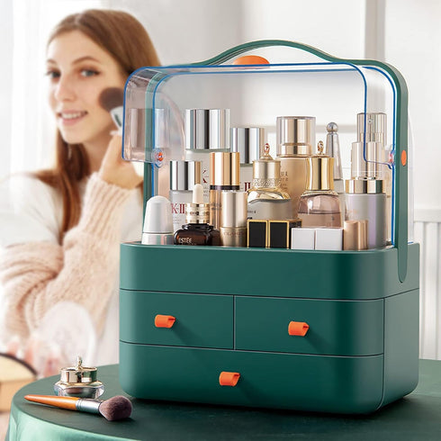 Large Capacity Makeup Organizer with Lid - Preppy Skincare Organizer, Cosmetic Storage Box & Display Cases (Green)