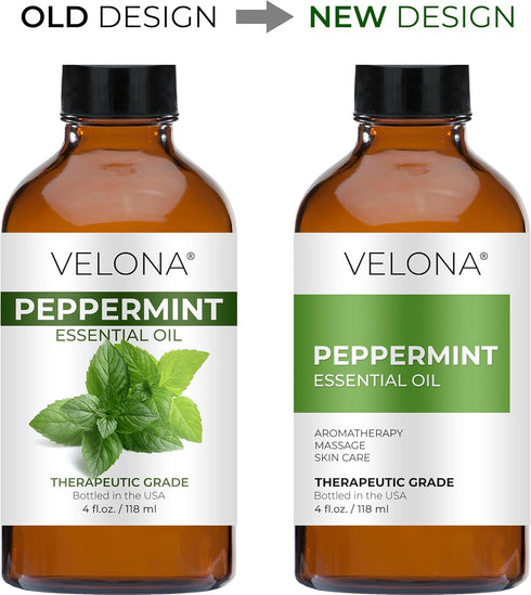 Peppermint Essential Oil by Velona - 4 oz | Therapeutic Grade 100% Pure and Natural | for Aromatherapy Diffuser, Massage, Skincare, Haircare, Soapmaking | Undiluted and Multipurpose in Glass Bottle