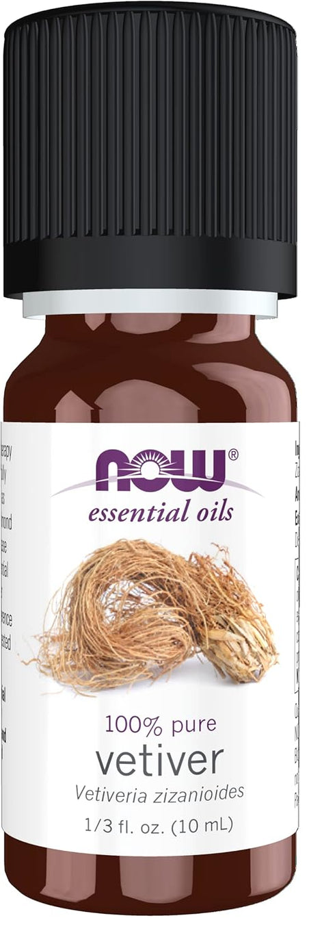 NOW Essential Oils Vetiver Oil, 100% Pure Woodsy Aromatherapy Scent, 10-mL, Child Resistant Cap