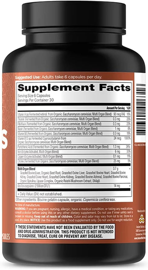 Ancient Nutrition Organ Supplements, Grass-Fed Wild Organ Complex Capsules, 180 Ct for Liver, Heart, Kidney Support