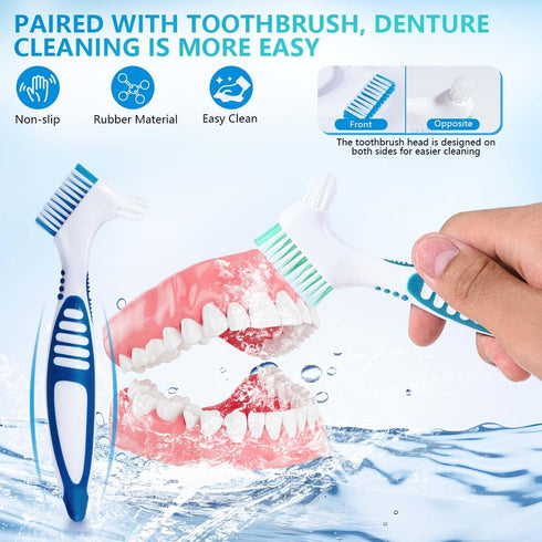 2 Pack Denture Bath Case Cup Holder, Storage Container with Cleaner Brush for Travel Cleaning (Light Blue and Blue)