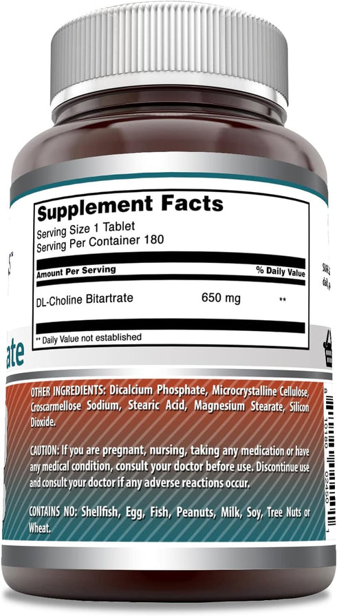 Amazing Formulas Choline Bitartrate Supplement, 650 Mg, 180 Tablets, Non-GMO, Gluten-Free