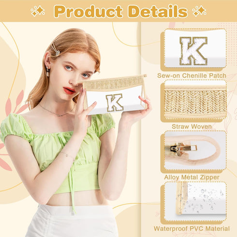 Personalized Initial Letter Bag, Boho Straw Clear Makeup Bag, Small Chenille Varsity Letter Bag for Women, K