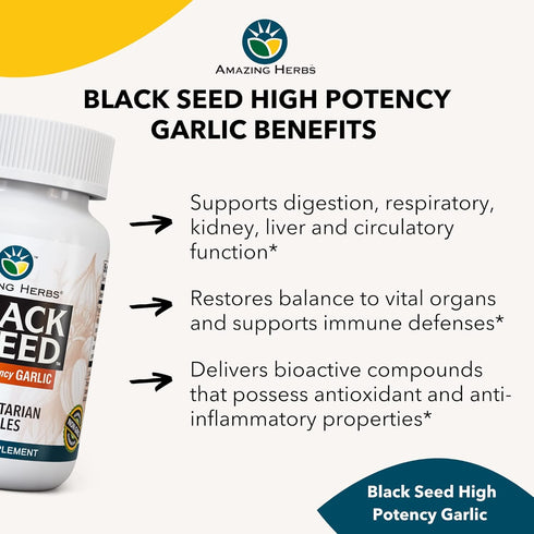 Amazing Herbs Whole Spectrum Black Seed & Garlic, 100 Count Vegetarian Capsules, Supports Health
