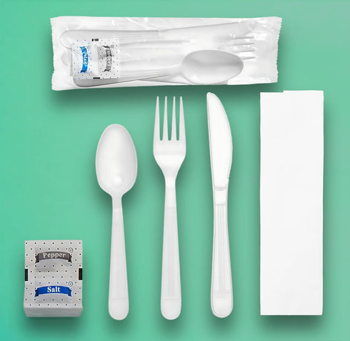 Heavy Duty Plastic Utensils Combo Set, Wrapped Silverware Variety Pack, 50 Disposable Forks, Spoons, Knives, Napkins,