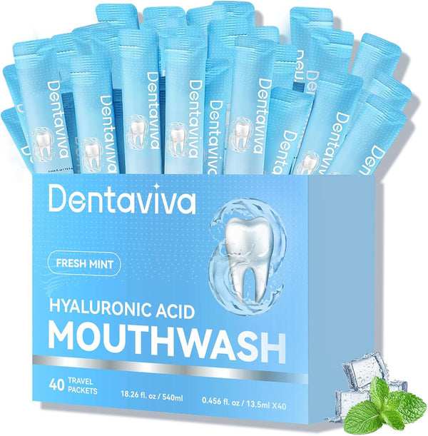 Hyaluronic Acid Mouthwash, Alcohol-Free Oral Rinse for Fresh Breath, Healthy Gums, 40 Travel Packs, Fresh Mint