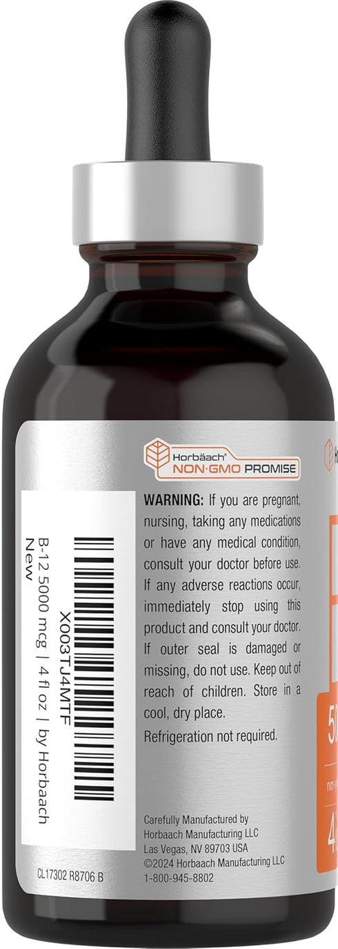 Horbaach B-12, 5000mcg, 4oz, Berry Flavor Fast-Acting Sublingual Liquid Vitamin B12, Vegetarian & Non-GMO