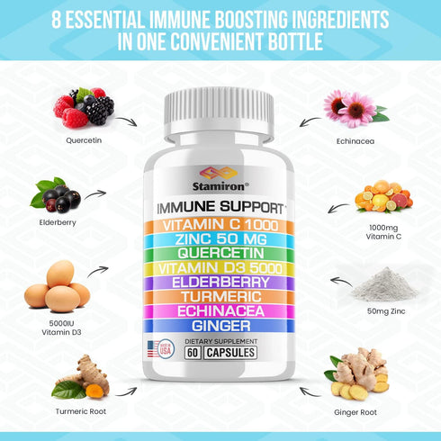 8 in 1 Immune Support with Quercetin Zinc 50mg Vitamin C 1000mg Vitamin D3 5000 IU and Elderberry Echinacea Ginger for Adults Kids - Vit D Immunity Defense Booster Supplement Veg Capsules Made in USA