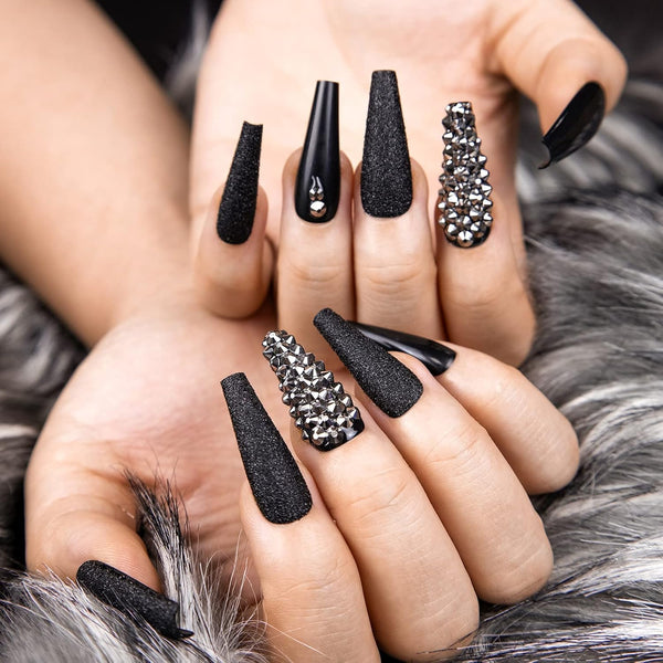Kikmoya Extra Long Coffin Press on Nails, 24pcs Crystal Luxury Nails with Grey Black Rhinestones, Glossy Tips