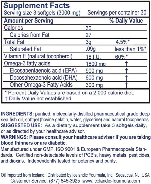 Icelandic Fourmula Quadruple Strength Omega-3 Fish Oil 3000mg High DHA & EPA, 90 Softgels