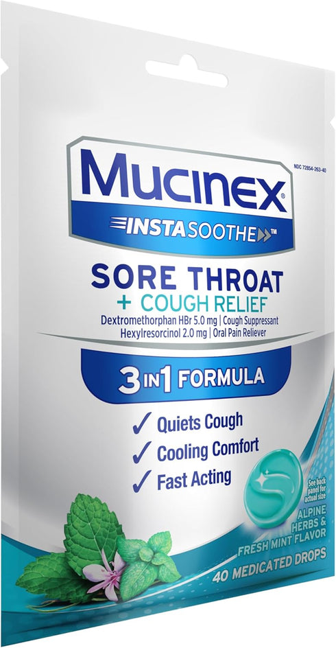 Mucinex Instasoothe Sore Throat Relief + Cough Relief, 40ct Lozenges with Alpine Herbs & Fresh Mint Flavor