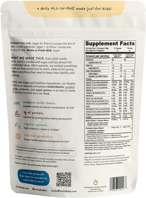 Vanilla Mighty Milk - Kids All-in-One Daily Protein Powder & Multivitamin Boosted with 2 Billion Probiotics & Organic Spinach - Natural Flavors, Colors & Sweeteners - 15-30 Servings