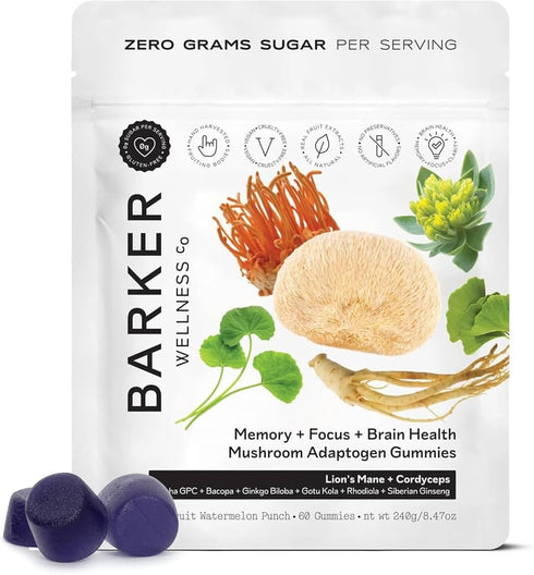 Barker Wellness Mushroom Adaptogen Gummies for Memory & Focus, Brain Health Supplement