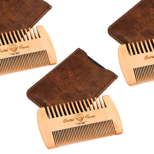 Wooden Beard Comb, 3 Pieces with Durable Cases for Men, Fine & Coarse Teeth, Brown Deer Design