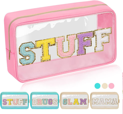 Iqimott Preppy Patch Clear Makeup Stuff Bag, Women Chenille Letter Cosmetic Bag for Travel, Waterproof Zipper Pouch