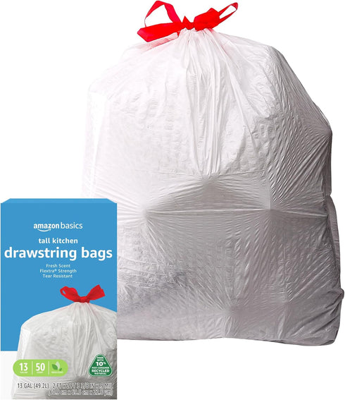 Amazon Basics Flextra Tall Kitchen Drawstring Trash Bags, 50 Count, 13 Gallon, Clean Fresh Scent, 10% Recycled Content