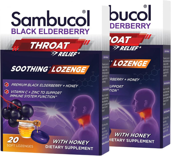 Sambucol Black Elderberry Throat Lozenge with Honey, Vitamin C & Zinc, 20 Count, 2-Pack, Soothes Sore Throat
