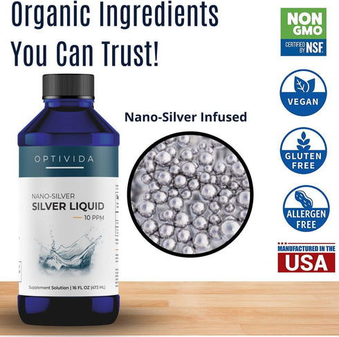 Optivida Health Nano Silver Liquid, 2 Pack for Immune Support, All Natural Solution 10PPM