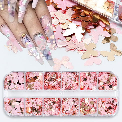 12Grids Valentine's Day Nail Glitter Sequins, Holographic Gold Pink Heart Nail Art Glitter Flakes for Acrylic Nail Decor