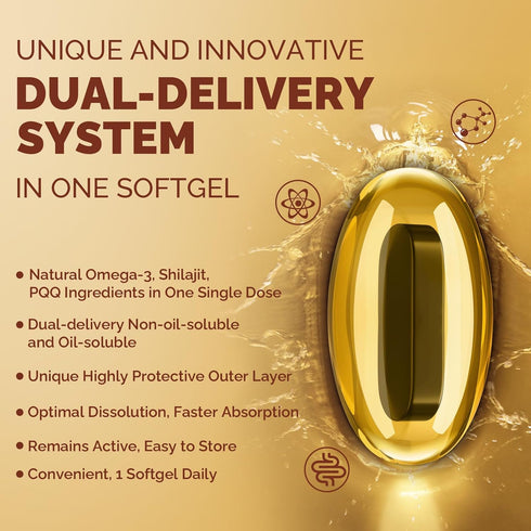 Ubiquinol CoQ10 600 MG Softgels with Omega-3, Shilajit & PQQ, Advanced Dual-Delivery Supplement for Antioxidant & Heart