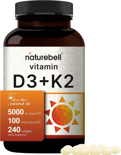 NatureBell Vitamin D3 5000 K2 (MK7), 240 Softgels - 2 in 1 Support with Virgin Coconut Oil