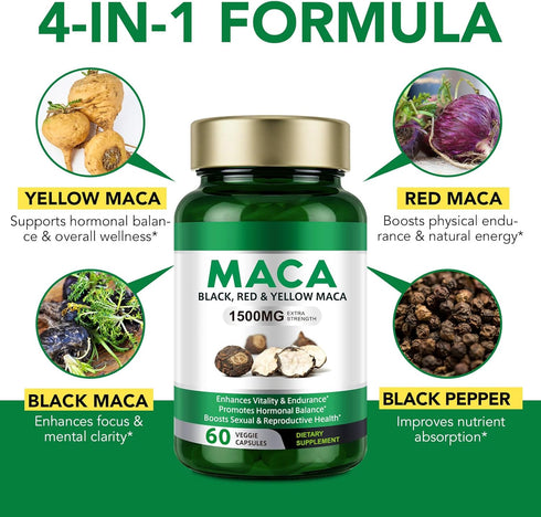 Vceeoy 1500 -60 Maca Root, Black Pepper Extract Capsules for Women & Men with mg Black, Red & Yellow Maca,Gives Energy
