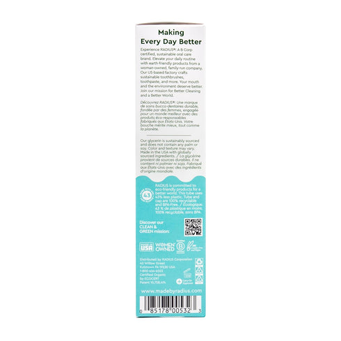 RADIUS Toothpaste, Mint Aloe Neem, 3 oz, USDA Organic, Non-Toxic, Gluten-Free, Pack of 1 for Gum Health & Cavities