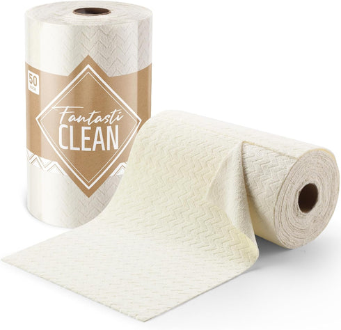 Microfiber Cleaning Cloth Roll, 50 Pack, 12" x 16", Tear Away Towels, Reusable Washable Rags (Beige Ripple)