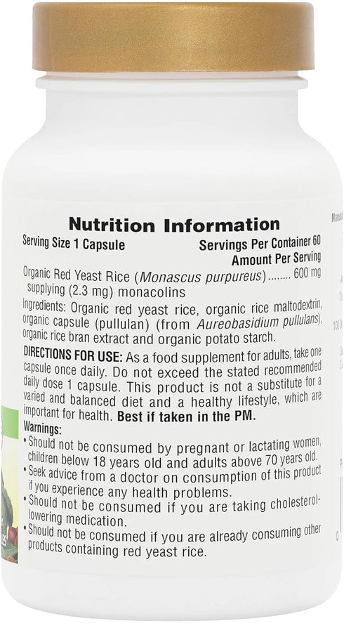 Natures Plus Source of Life Garden Organic Red Yeast Rice - 600 mg, 60 Vegan Capsules for Well-Being
