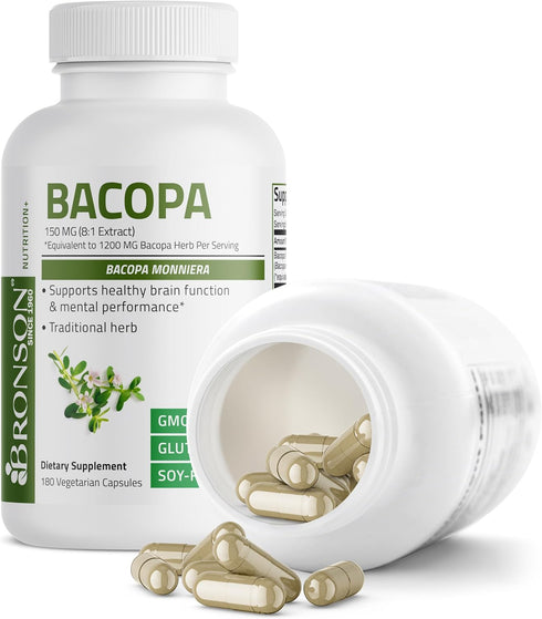 Bronson Bacopa (1200mg Equivalent from 8:1 Extract) Supports Healthy Brain Function, Non-GMO, 180 Vegetarian Capsules