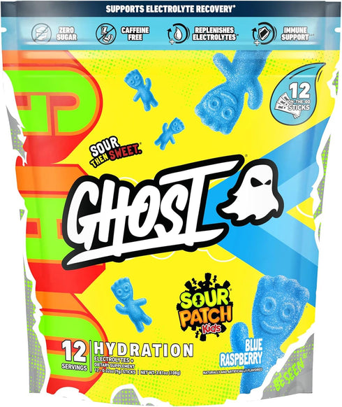 GHOST Hydration Packets - Sour Patch Kids Blue Raspberry - 12 Sticks Electrolyte Powder with Magnesium, Potassium,