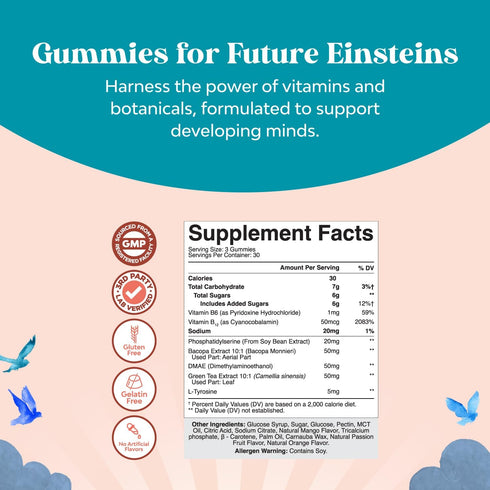 Vegan Brain Focus Gummies for Kids, 40 Count - Kids Focus Supplement with Phosphatidylserine & More
