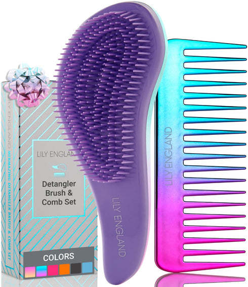 Lily England Detangler Brush & Hair Comb Set - Lightweight Hair Brush & Wide Tooth Comb for Women & Kids, Smooth