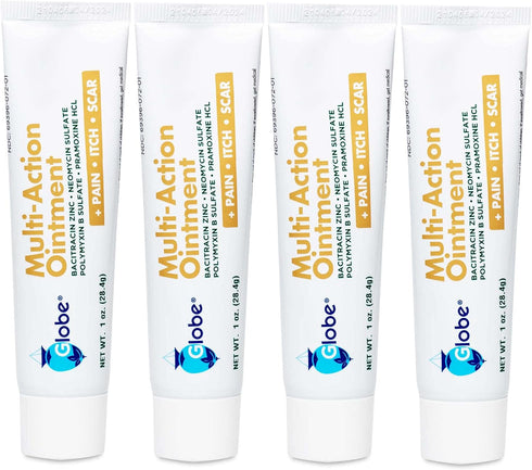 Globe First Aid Antibiotic Scar Minimizing Ointment, 4 Pack Pain-Relief with Neomycin, Bacitracin Zinc, Pramoxine HCl