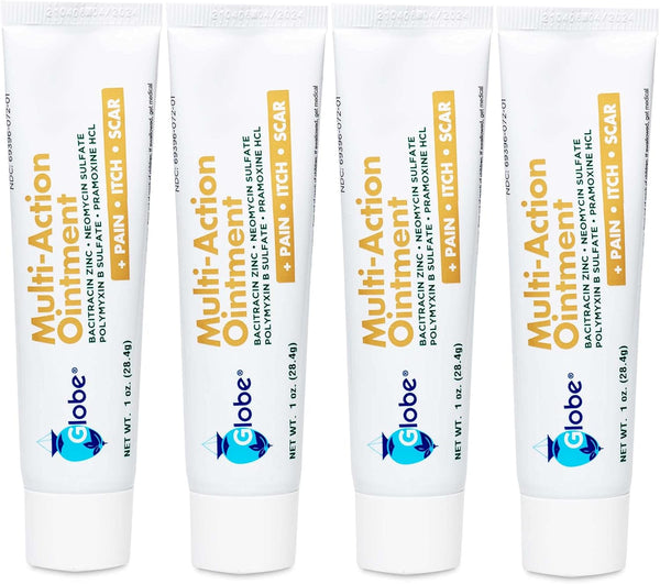 Globe First Aid Antibiotic Scar Minimizing Ointment, 4 Pack Pain-Relief with Neomycin, Bacitracin Zinc, Pramoxine HCl