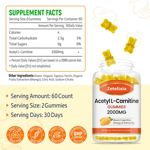 Acetyl L-Carnitine Gummies 2000mg, L-Carnitine Supplement for Promote Fatty Acids Oxidation, Nutrition Supplement for Boost Energy, Immunity & Metabolism, Vegan, Mango Flavor, 60 Count