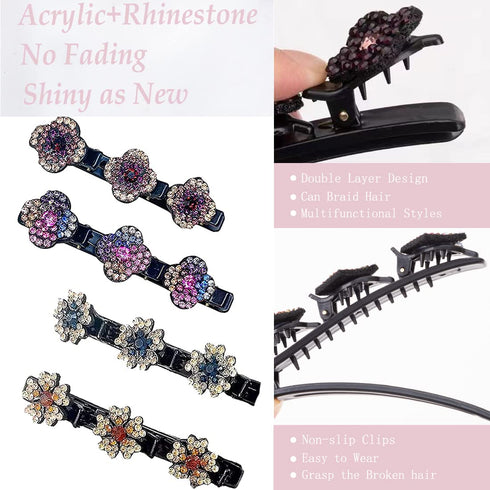 Sparkling Crystal Stone Braided Hair Clover Clips - 8 Pcs Hair Accessories for Thick and Thin Hair Styling