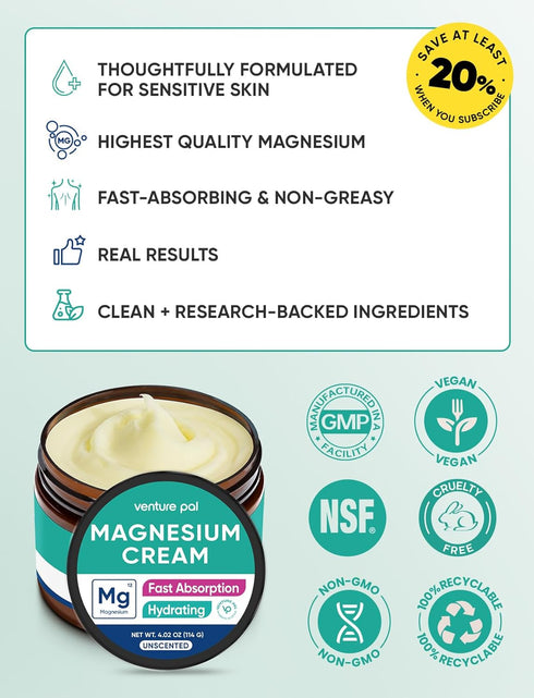 Venture Pal Topical Magnesium Cream, Fast-Absorbing Magnesium Moisturizing Lotion with Coconut Oil, Shea Butter