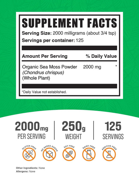 BulkSupplements.com Organic Irish Sea Moss Powder - Sea Moss Supplement, Irish Sea Moss Organic, Organic Sea Moss Powder - Vegan & Gluten Free, 2000mg per Serving, 250g (8.8 oz) (Pack of 1)