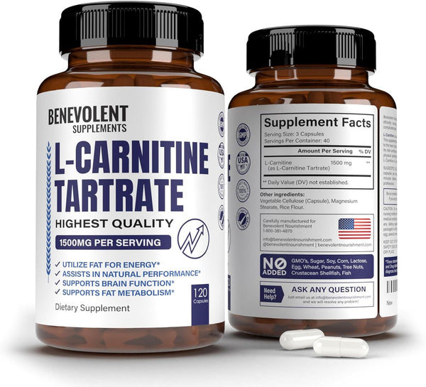 Premium L-Carnitine Tartrate Supplement, 1500mg for Energy, Lean Muscle Gain, 120 Non-GMO Capsules