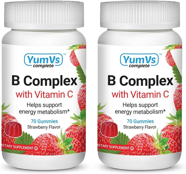 B-Complex with Vitamin C Gummies by YumVs | Daily Dietary Supplement for Adults and Kids | B6, B12, Vitamin C, Folic Acid, Niacin, and Biotin | Natural Strawberry Flavor Chewables, 70-Ct | Kosher