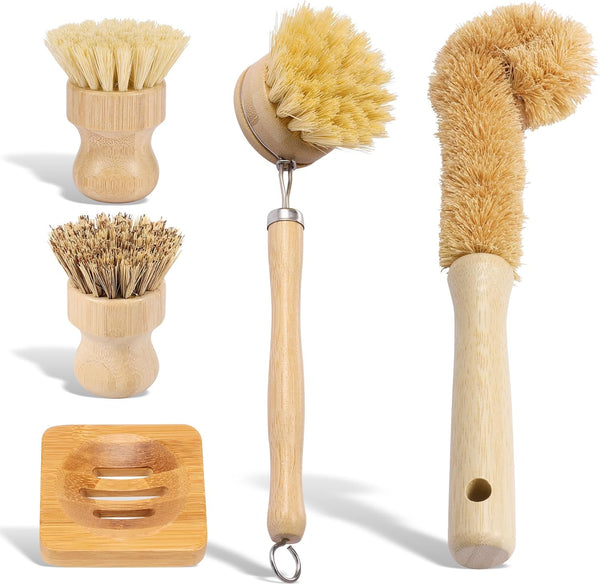 YMKWZ 5 Pcs Bamboo Dish Brush Set Practical Dish Cleaning Brush Set Multifunctional