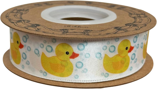 Rubber Duck Satin Craft Ribbon, 1" x 25 Yards, White with Yellow Rubber Duckies for Gifts, Baby Shower, Hair Bows