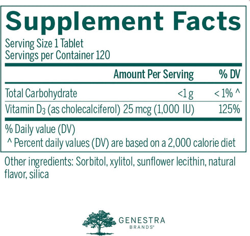 Genestra Brands D3 1000 Vitamin D Supplement - 120 Chewable Tablets - Natural Blackcurrant Flavor