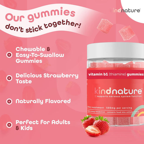 Kind Nature Vitamin B1 Gummies, Chewable Thiamine 500mg per Serving, Non-GMO, Vegan, Natural Strawberry Flavor