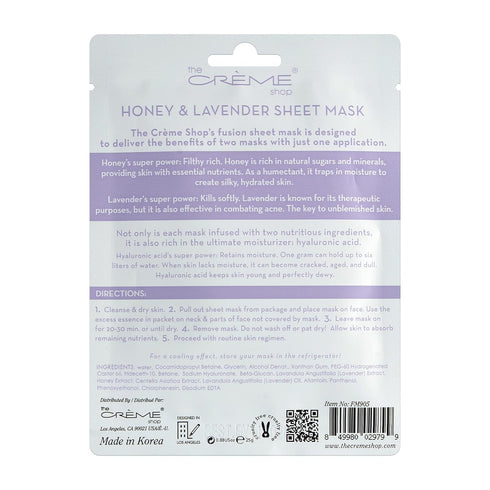 The Crème Shop Sheet Mask, Korean Lavender & Honey 2-in-1 Facial Mask Sheets with Hyaluronic Acid, 5 Pack