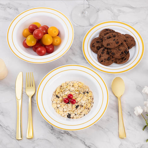 Goodluck 25 Pack Plastic Bowls with Gold Rim, 12oz Disposable Soup Bowls, Heavy Duty Dessert Bowls for Weddings, Parties, Dinners, Catering, and Everyday Use by Goodluck