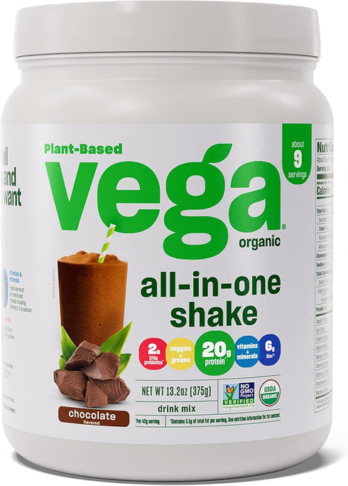 Vega Organic All-in-One Vegan Protein Powder, Chocolate, Superfood Ingredients, 13.2 oz, Keto Friendly